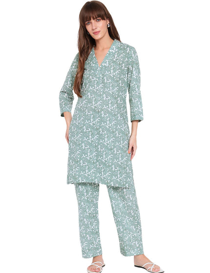 Light Green White Pasley Print Kurti Plazo Set