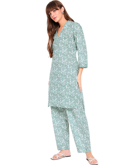 Light Green White Pasley Print Kurti Plazo Set