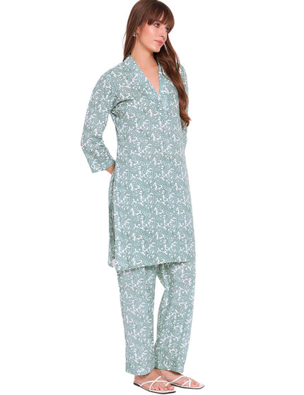 Light Green White Pasley Print Kurti Plazo Set