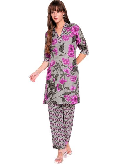 Grey, Purple Floral Cotton Kurta Plazo Set