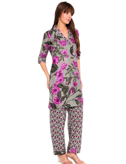 Grey, Purple Floral Cotton Kurta Plazo Set