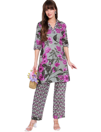 Grey, Purple Floral Cotton Kurta Plazo Set