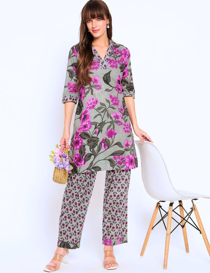 Grey, Purple Floral Cotton Kurta Plazo Set