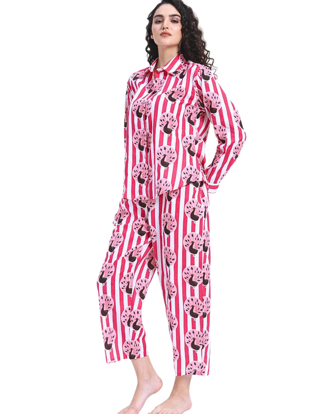 Peacock on Magenta Pink White Stripe