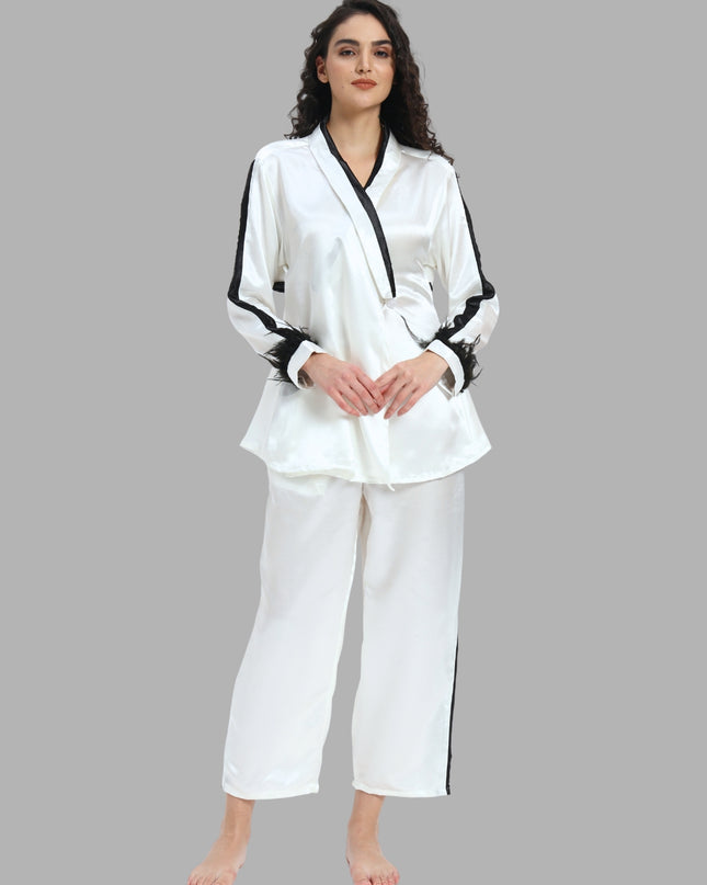 White Satin Coord Set with Feather Sleeve