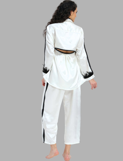 White Satin Coord Set with Feather Sleeve