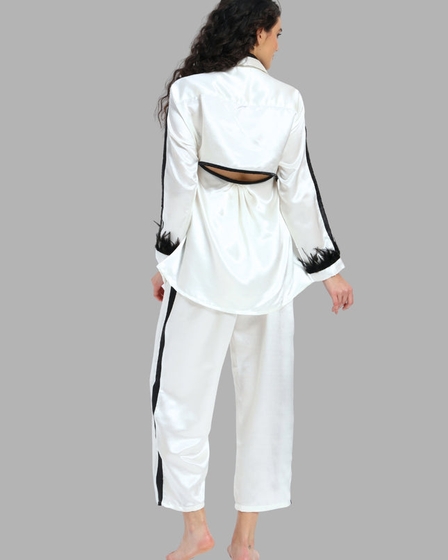 White Satin Coord Set with Feather Sleeve