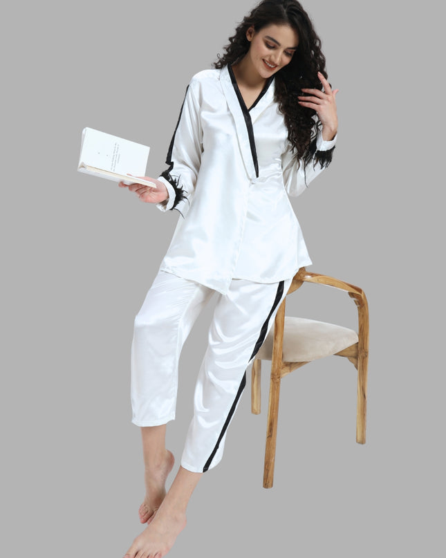 White Satin Coord Set with Feather Sleeve