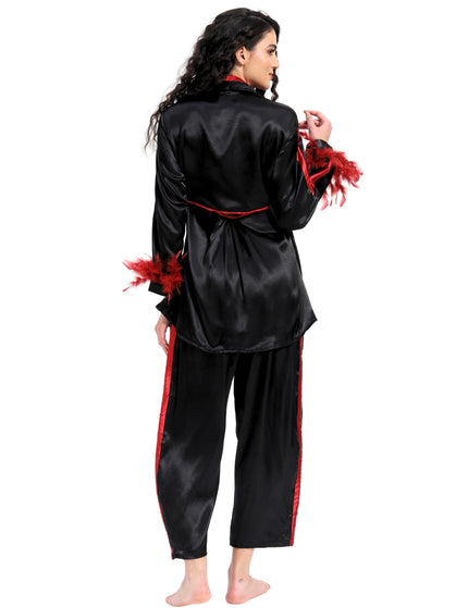 Black Satin Coord Set With Feather Sleeve