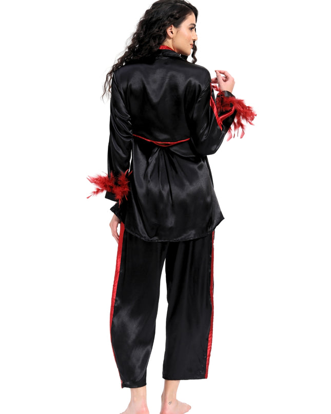 Black Satin Coord Set With Feather Sleeve