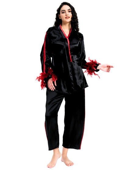 Black Satin Coord Set With Feather Sleeve