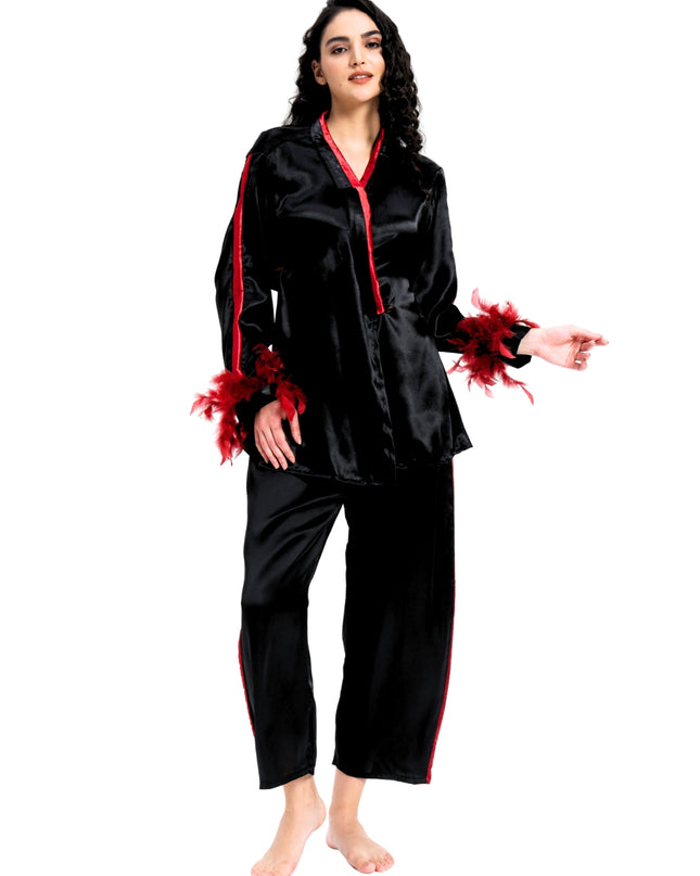 Black Satin Coord Set With Feather Sleeve
