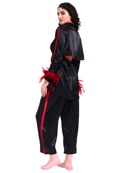 Black Satin Coord Set With Feather Sleeve