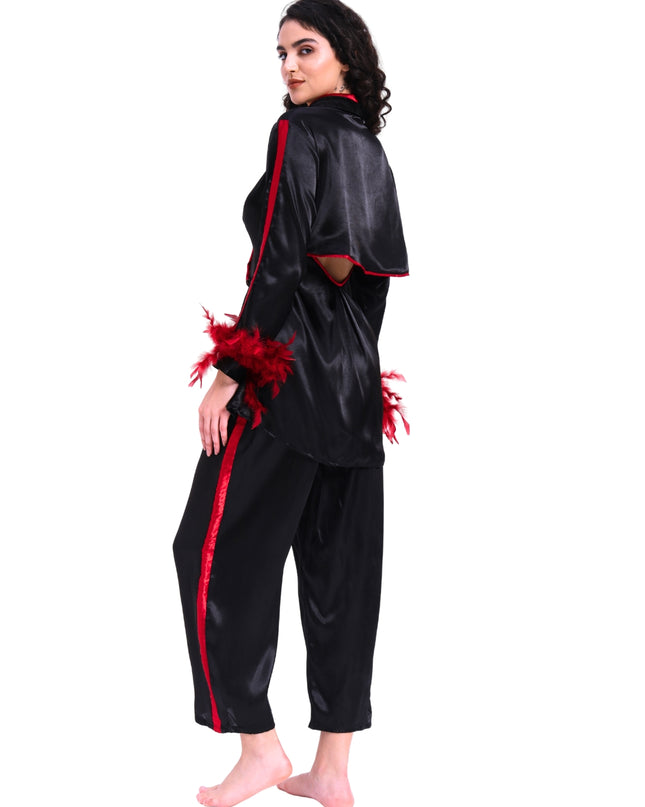 Black Satin Coord Set With Feather Sleeve