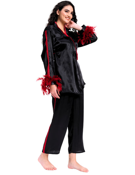 Black Satin Coord Set With Feather Sleeve