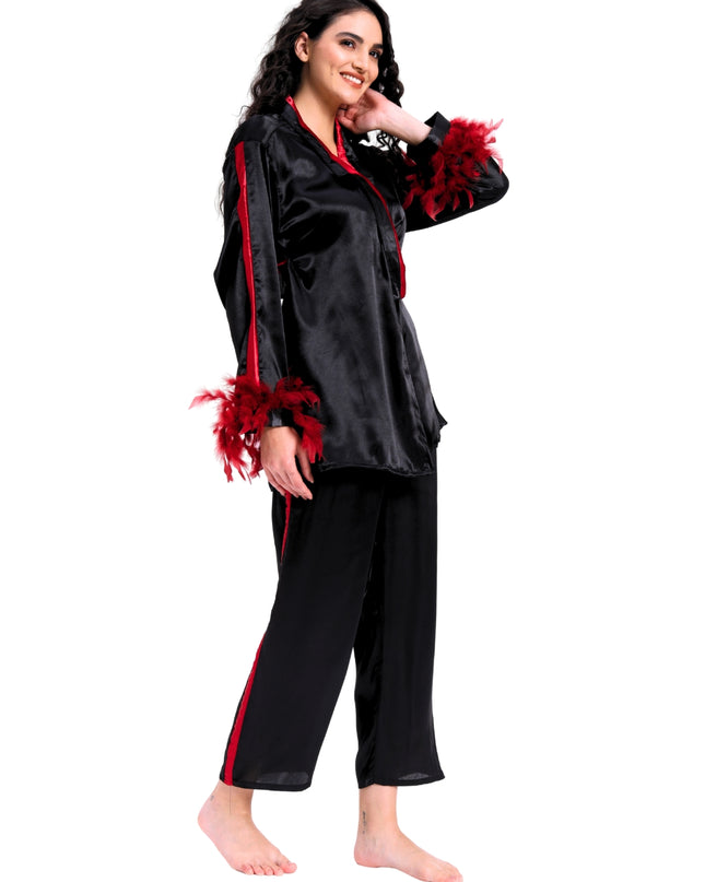 Black Satin Coord Set With Feather Sleeve