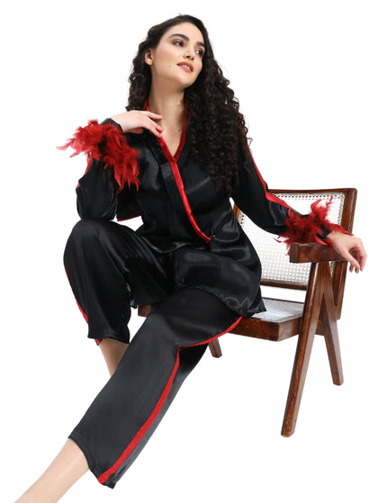 Black Satin Coord Set With Feather Sleeve