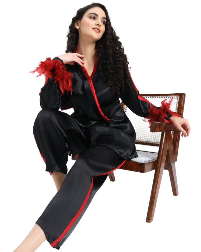 Black Satin Coord Set With Feather Sleeve