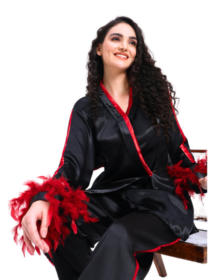 Black Satin Coord Set With Feather Sleeve