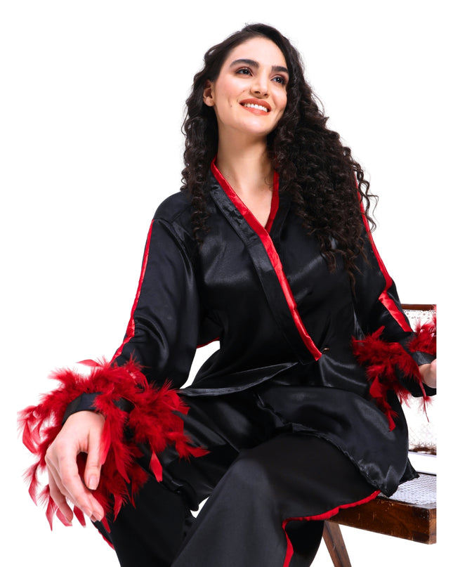 Black Satin Coord Set With Feather Sleeve