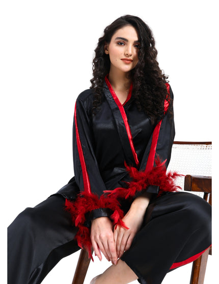 Black Satin Coord Set With Feather Sleeve
