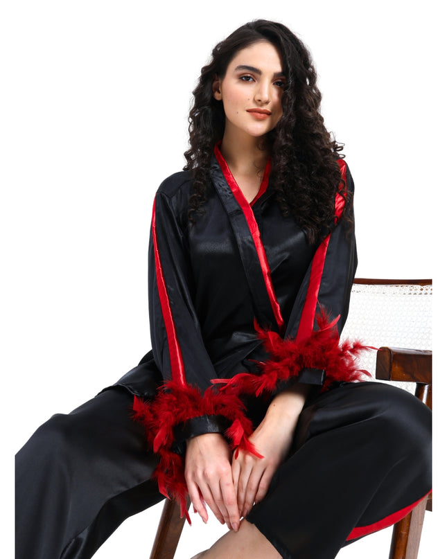 Black Satin Coord Set With Feather Sleeve
